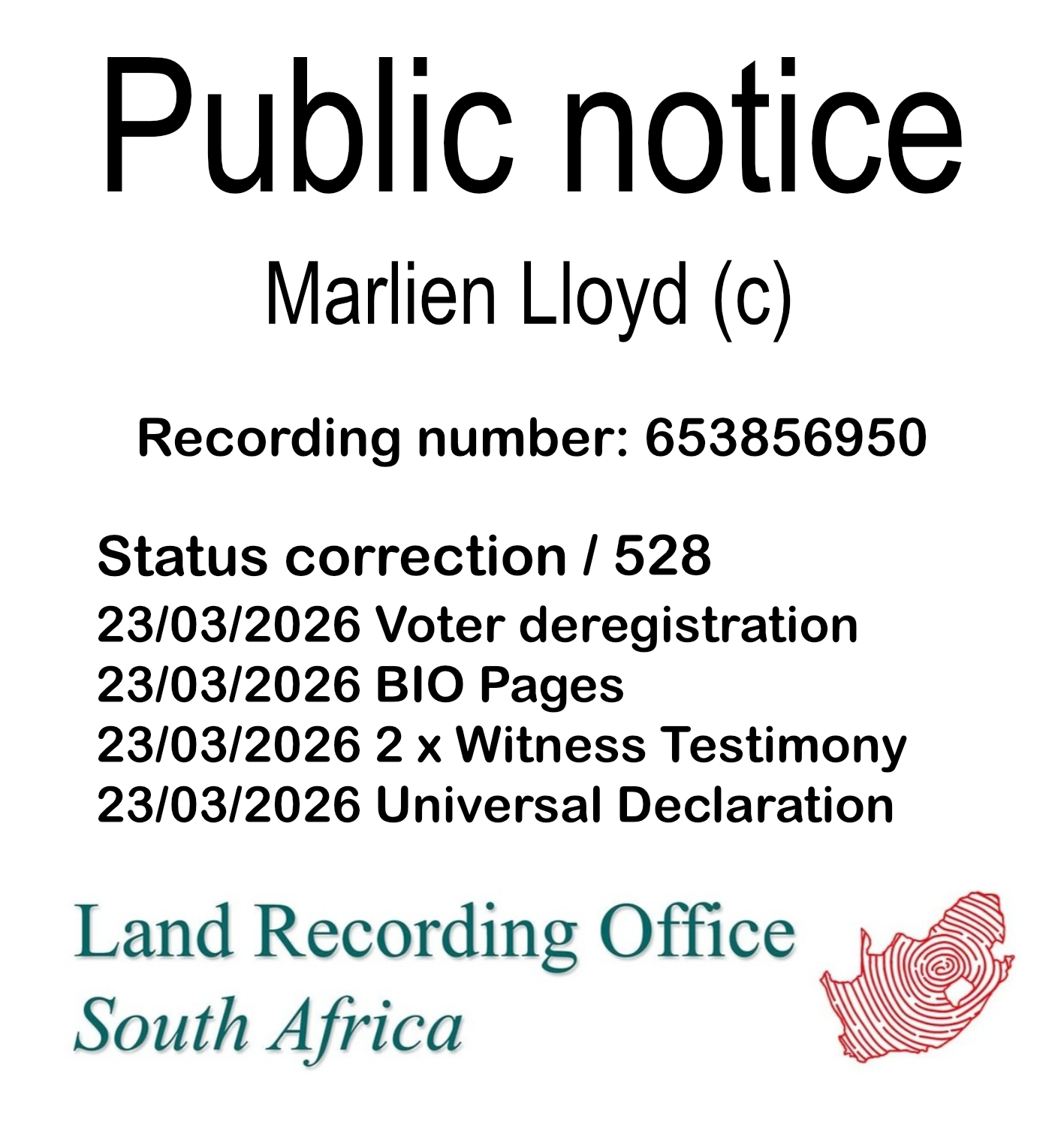 Public notice Marlien Lloyd (c) Recording number 653856950